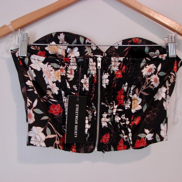 Streetwear Society Black Red Floral Satin Strapless Bustier Corset Crop Top NWT - Picture 6 of 11